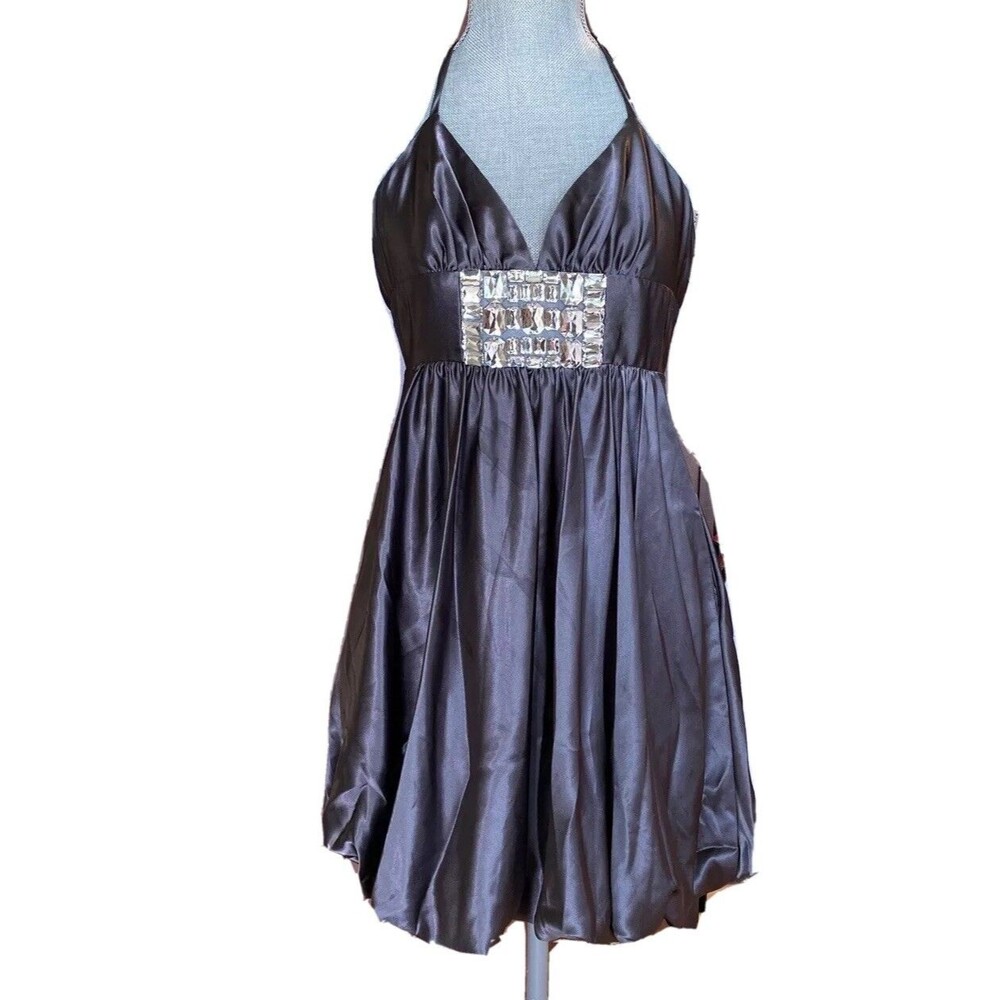 Cache women's Silver Gray Satin Halter Dress With  Bubble Hem, Size 2